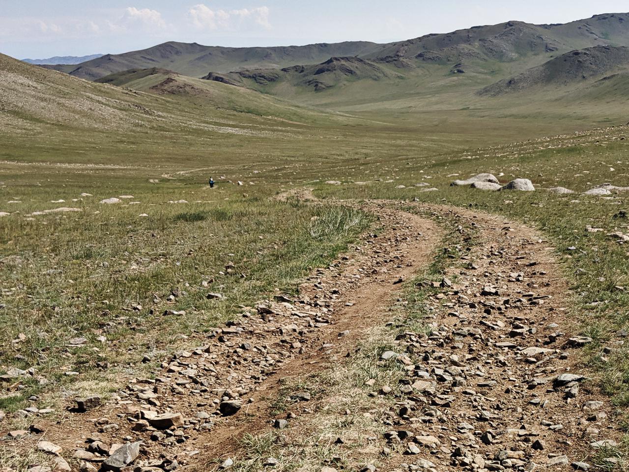 Steinige Naturstrasse in der Mongolei